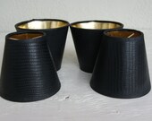 Set of Four BLACK & GOLD Small Clip-on style Shades.  Black Faux Crocodile Pattern w/ Gold Foil like Interior. Candlestick Buffet Lighting.
