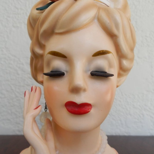 Vintage HEAD VASE Lady w/Pink Rose. 6" Tall Collectable Memorabilia Vase Inarco Relpo Japan Ceramic Floral Arrangement Holders, Vintage Vase