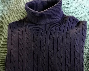 Woman's Lands End Knit Turtle Neck, Deep Navy Blue Solid, Lightweight Cotton size Large, great condition *WC1*