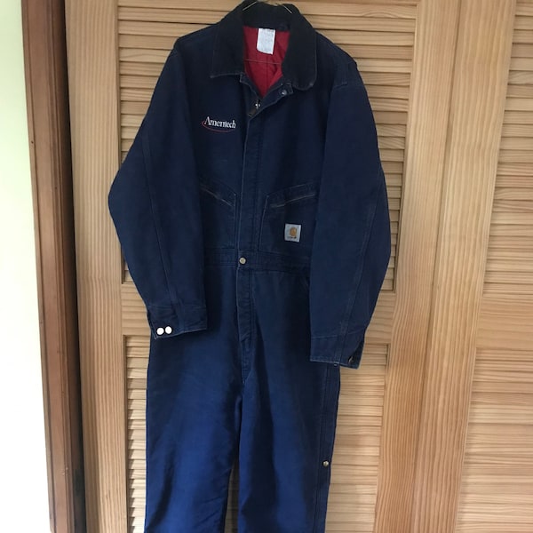 Unisex Carhartt Coveralls Quilted Lining Jumpsuit, size Medium Made in USA, Blue Denim Red Lining, Snaps/ Zipper Front and Pant legs *MC1*