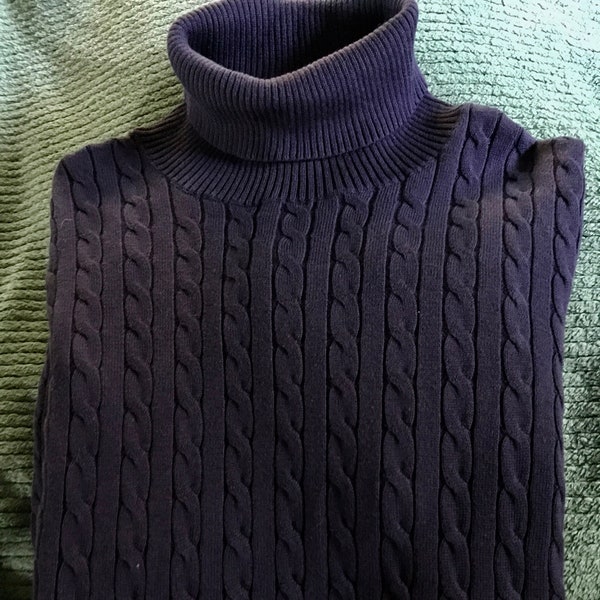 Woman's Lands End Knit Turtle Neck, Deep Navy Blue Solid, Lightweight Cotton size Large, great condition *WC1*