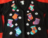 Ugly Christmas Sweater Black Knit Cardigan, Stocking snow flake appliqués multi-color, Women 39 s XL