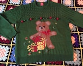 Ugly Christmas Party Sweater, Men 39 s XL Green knit Pullover, Big Teddy Bear