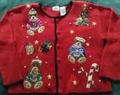Christmas quot Ugly quot Sweater Women 39 s Nutcracker Cardigan, Teddy Bears,Red w Black Trim, size Small
