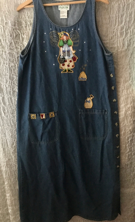 Vintage Denim Jumper Dress, Women's Medium, side buttons, Garden angel appliques, cat bee hive, full length, great condition *HR*