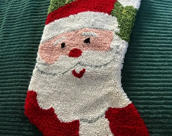 Christmas Santa Stocking Crewel, Needlepoint, Embroidery, Face and Beard/Hat, 17 inches long to toe, great condition