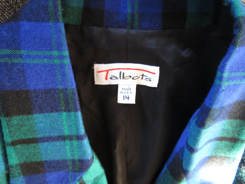 Women/'s size 14 Wool Blue Green Black Plaid Blazer Made USA