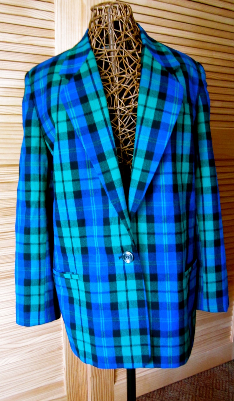 Women/'s size 14 Wool Blue Green Black Plaid Blazer Made USA