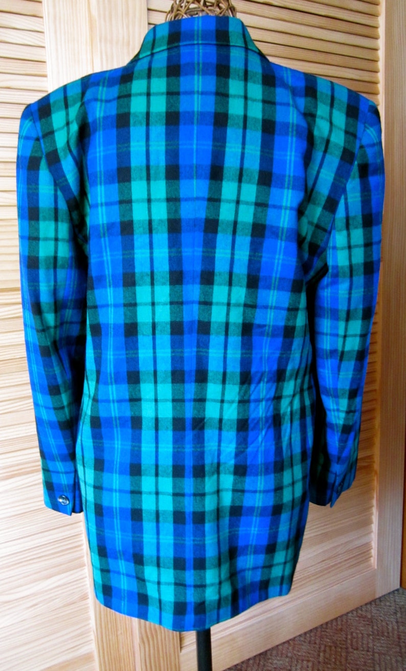 Women/'s size 14 Wool Blue Green Black Plaid Blazer Made USA