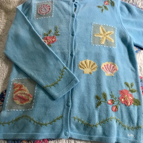 Women's Cotton Ramie Cardigan, Sea Shell Appliqués on Solid Blue, Beach Theme, Sm/Med size, Nice condition *WC2*