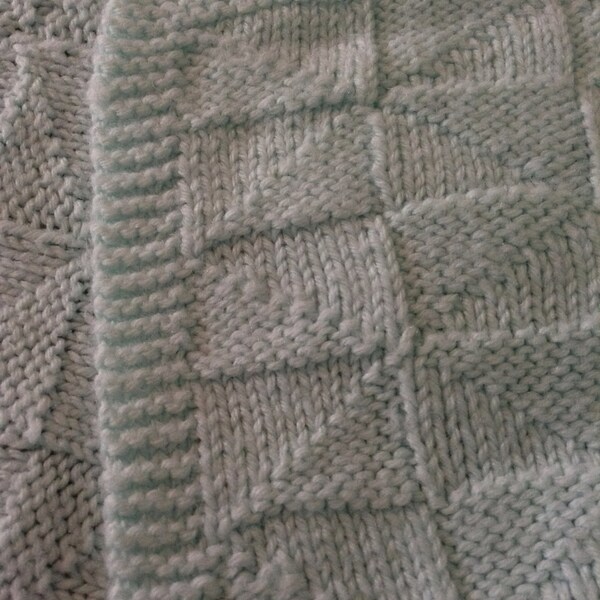 Hand Knit Baby Blanket Afghan in Mint Green, measures 34 x 30