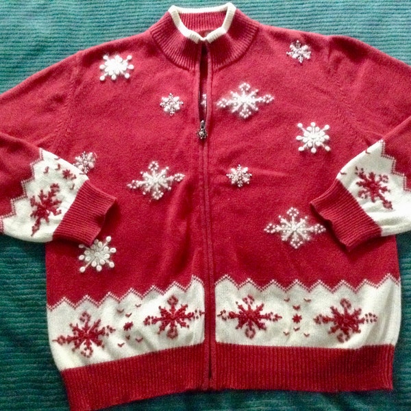 Red knit Zippered Cardigan, White Angora Trim, Snowfakes, Women's 1X (14/16) *UC*