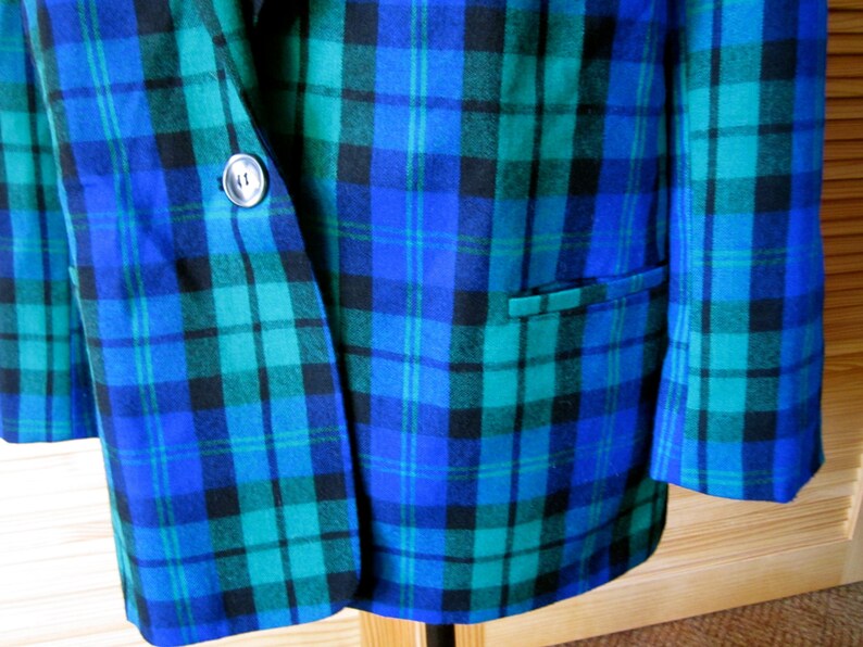 Women/'s size 14 Wool Blue Green Black Plaid Blazer Made USA