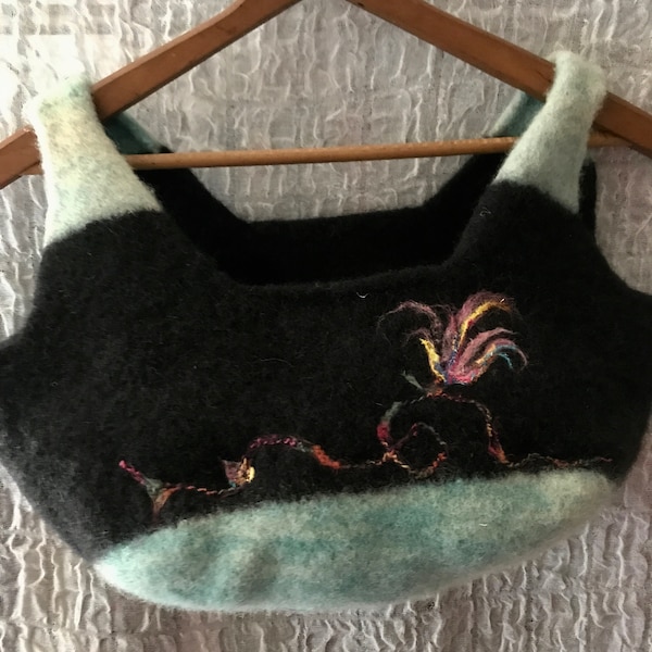 Wool Hand Knitted/Felted Purse Bag, Black and Turquoise Blue, Open Handle Style, 12inches wide, Medium size volume. *B*