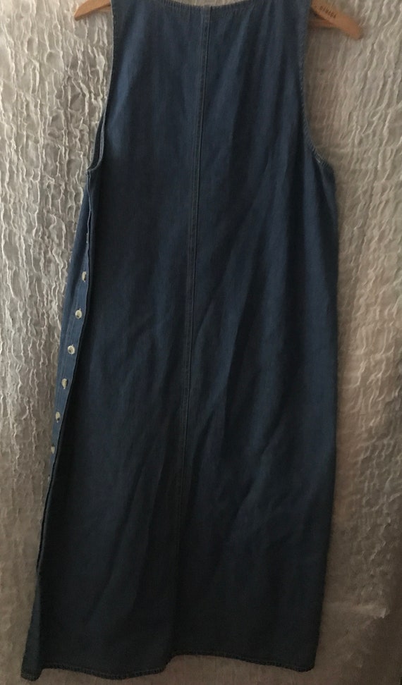Vintage Denim Jumper Dress, Women's Medium, side buttons, Garden angel appliques, cat bee hive, full length, great condition *HR* View 6