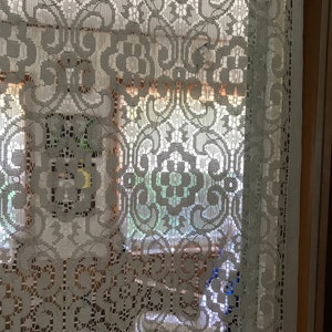 May include: White lace curtain with a floral pattern, hanging in a window. The curtain is sheer and allows light to pass through.