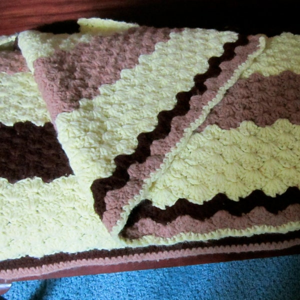 Vintage Hand Crocheted Afghan. wide stripes in yellow and browns, soft feel, 40 x 46