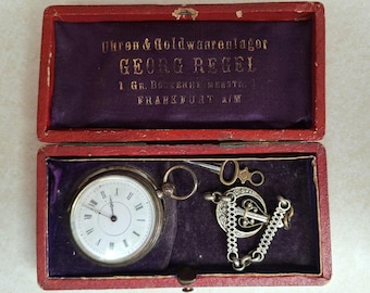 Vintage Vacheron Geneve Cylindre 10 rubis Pocket Watch with winding key and vintage retail box - Silver tone