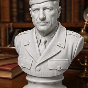 May include: A light gray stone bust of a military general wearing a service uniform with a tie, a collared jacket featuring U.S. insignia on the lapels, and a garrison cap adorned with three stars. The sculpture depicts a stern facial expression.