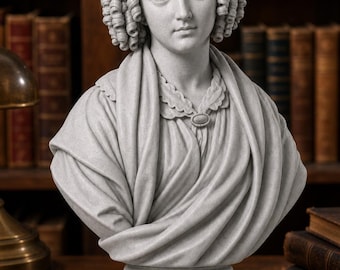 May include: A light gray stone bust sculpture depicting a person with curly hair, wearing a draped garment with a collared neckline and a small oval brooch at the center. The figure is positioned on a circular pedestal base with a smooth finish.