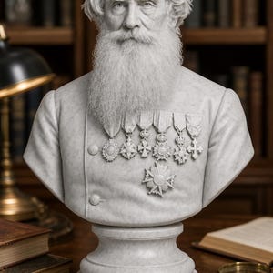 May include: A white marble bust of a bearded individual with wavy hair, wearing a military-style jacket adorned with a row of six medals across the chest and one larger star-shaped medal pinned below, set on a circular pedestal base.