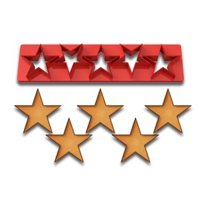 May include: A red plastic star-shaped mold with five star cutouts, and six wooden star-shaped cutouts. The stars are arranged in two rows, with the wooden stars below the red mold.