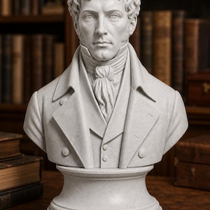 May include: A light gray bust sculpture depicting a person with wavy hair, wearing a high-collared coat, a waistcoat, and a cravat. The figure has a serious expression and is mounted on a circular pedestal base, crafted with a smooth, stone-like finish.