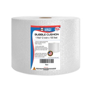 May include: A roll of bubble cushion, 12 inches wide and 100 feet long, for wrapping and protecting fragile items. The label reads "Bubble Cushion" and includes the text "Mighty Gadget". The bubble wrap is made of nylon.