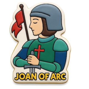 May include: A cookie in the shape of Joan of Arc, featuring a red flag, a blue helmet, and a green and blue tunic. The cookie holds a sword and a red cross. The text "JOAN OF ARC" is at the bottom.