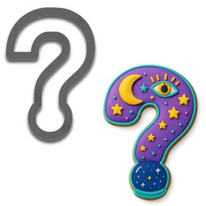 May include: A question mark-shaped cookie cutter next to a decorated cookie. The cookie is purple with yellow stars and a crescent moon. It features a blue crystal ball and an eye design. The cookie has a teal border.