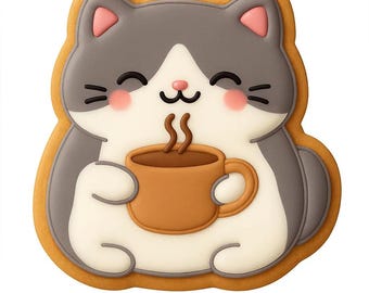 May include: A cat-shaped cookie with a gray and white body, holding a brown coffee mug. The cookie has pink accents on the ears and cheeks, with a smiling face. The cookie is outlined in a light brown color.