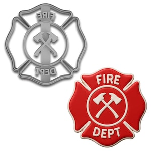 May include: A gray metal cookie cutter and a decorated cookie in the shape of a firefighter's Maltese cross. The cookie is red with white accents and the words "FIRE DEPT". The cookie features crossed axes.
