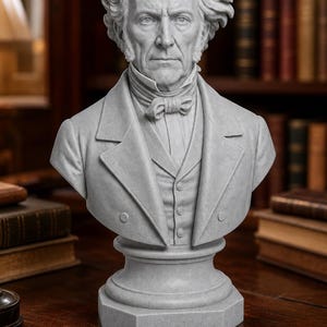 May include: A gray stone-textured bust of a middle-aged person with wavy hair and sideburns. The figure wears a formal coat, a buttoned vest, and a necktie. The sculpture is mounted on a circular pedestal base with an octagonal bottom.