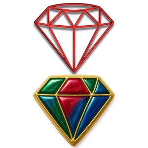 May include: A red diamond-shaped cookie cutter sits above a colorful diamond-shaped cookie. The cookie is decorated with red, green, and blue sections, outlined in gold. The cookie cutter is a simple outline of the diamond shape.