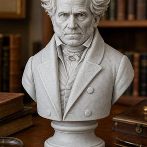 May include: A light gray stone bust of a middle-aged person with wild, voluminous hair, sideburns, and a stern facial expression. The figure wears a double-breasted coat with a high collar, a buttoned vest, and a small bow tie at the neck.