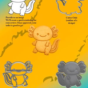 Peut inclure: Image pr&eacute;sentant des emporte-pi&egrave;ces et des tampons sur le th&egrave;me de l'axolotl. L'image comprend un contour blanc, un biscuit, un emporte-pi&egrave;ce et un emporte-pi&egrave;ce avec un tampon. Le texte sur l'image se lit comme suit : "Fournissez-nous une image. Nous cr&eacute;erons un rendu rapide pour votre examen."