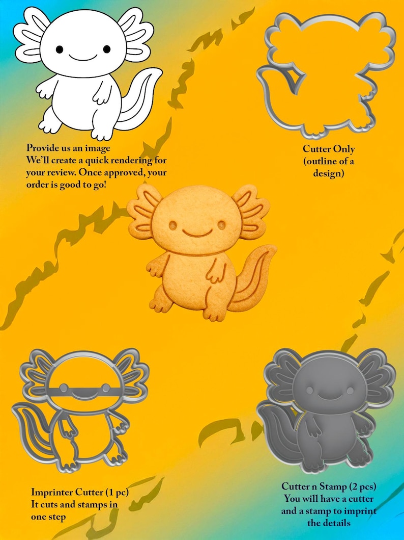 Peut inclure: Image pr&eacute;sentant des emporte-pi&egrave;ces et des tampons sur le th&egrave;me de l'axolotl. L'image comprend un contour blanc, un biscuit, un emporte-pi&egrave;ce et un emporte-pi&egrave;ce avec un tampon. Le texte sur l'image se lit comme suit : "Fournissez-nous une image. Nous cr&eacute;erons un rendu rapide pour votre examen."