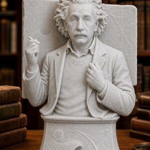May include: A light gray stone-textured bust of Albert Einstein featuring his signature wild hair and mustache. He wears a sweater and jacket. Behind him is a rectangular panel with etched geometric diagrams, and the base depicts a celestial scene.
