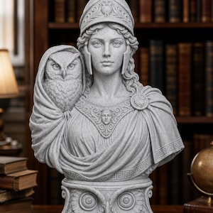 May include: A gray stone-textured bust of a figure wearing a crested helmet with an owl emblem. The figure is draped in a cloak with a small owl perched on the right shoulder. The base features a carved owl design with prominent eyes and feathers.