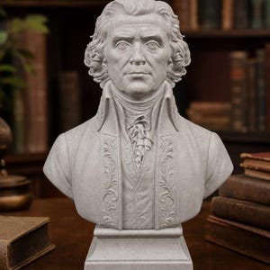 May include: A light gray stone-textured bust of Thomas Jefferson. The sculpture depicts the historical figure with wavy hair, a high-collared coat featuring intricate leaf-patterned embroidery along the lapels, and a ruffled cravat at the neck.