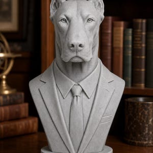 May include: A gray stone-textured bust of a Doberman dog wearing a formal suit, dress shirt, and necktie. The sculpture features a detailed canine head with upright ears and a realistic facial expression, mounted on a circular pedestal base.