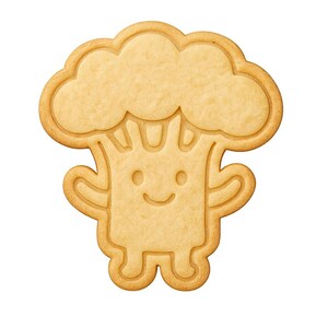 May include: A baked cookie in the shape of a smiling tree with a cloud-like top. The cookie has a light brown color with detailed etched lines, including a smiling face, arms, and legs. The cookie is a fun and whimsical treat.