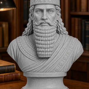 May include: A grey stone-textured bust of an ancient figure with a long, curled beard and mustache. The figure wears a cylindrical crown decorated with floral patterns and a robe featuring intricate circular motifs across the chest and shoulders.