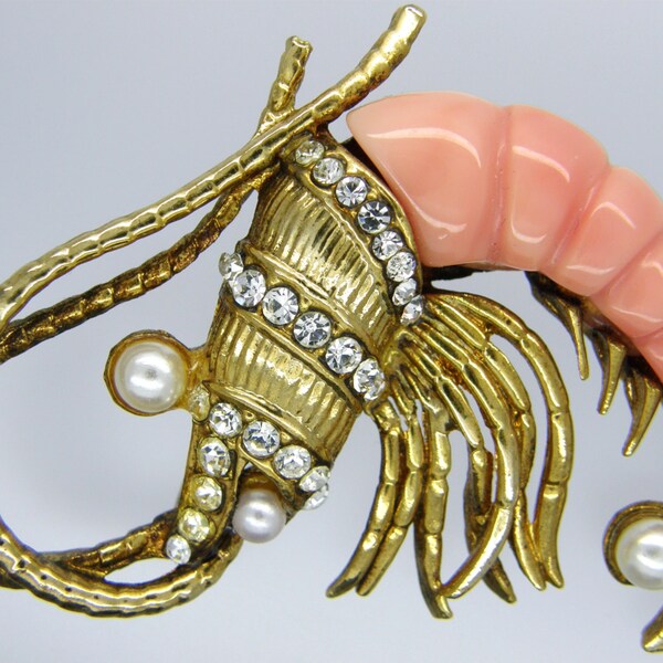 Hattie Carnegie Figural Coral Themoset Rhinestone Shrimp Prawn Brooch