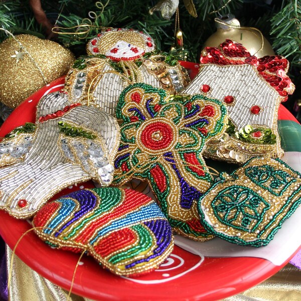 Sequin and Glass Beaded Pillow Stuffed  Double Side Ornaments Unbreakable Child Safe 4"