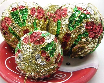 Sequin Beaded Ball Ornament Gold Red Green and Silver Two Sizes Available