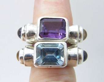 Chunky Sterling Silver Modernist Ring: Amethyst, Garnet & Citrine - Size 5
