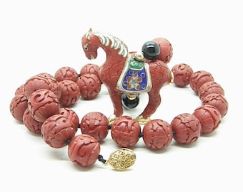 Cloisonne Cinnabar Horse Pendant Necklace Chinese Export 15mm Carved Red Lacquer Beads 25"