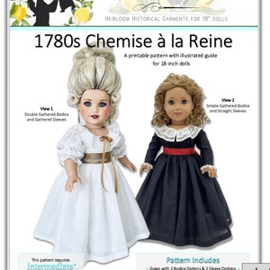 PATTERN 1780s Chemise à la Reine Pattern for 18 Dolls, Includes Instructions and Printable Pattern for Gown, Petticoat, and Neck Ruffle image 1
