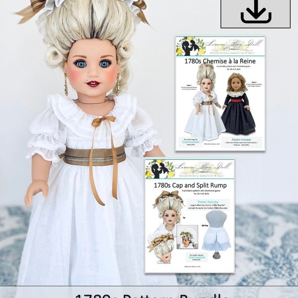 PATTERN BUNDLE - 1780s Chemise à la Reine Pattern & 1780s Cap and Split Rump for 18" Dolls, Includes Instructions and Printable Patterns